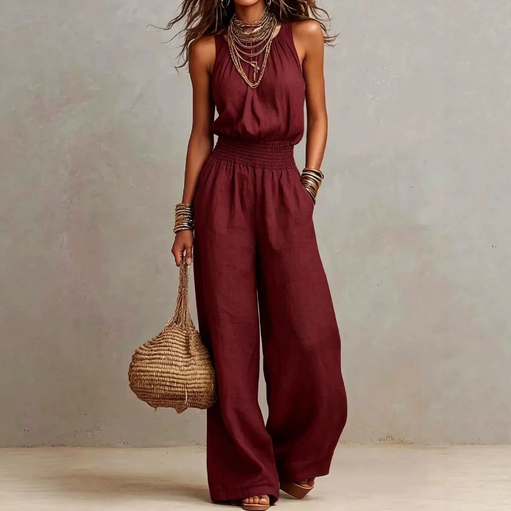 Halter Wide Leg Jumpsuit - Red