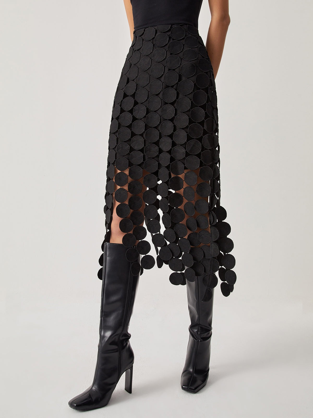 High Waisted Lace Midi Skirt - Black