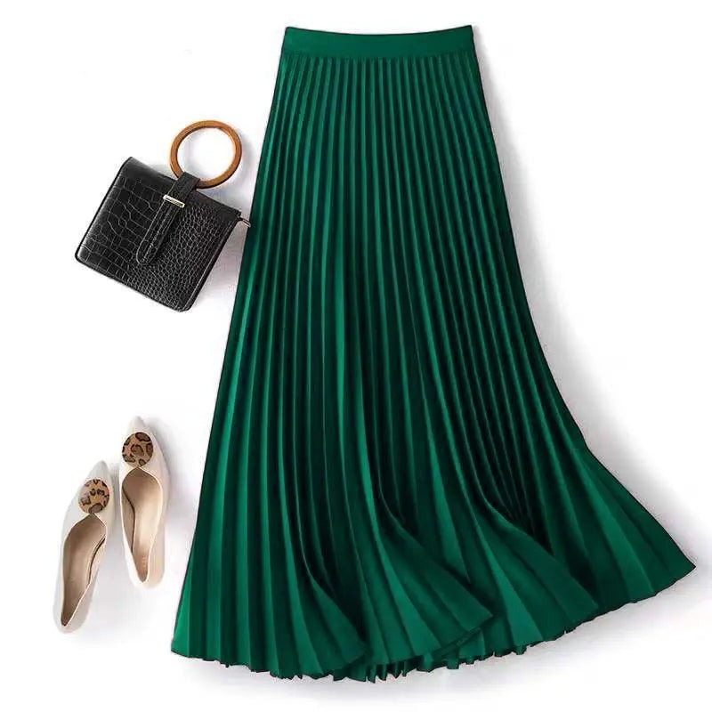 High Waisted Pleated Maxi Skirt - Green