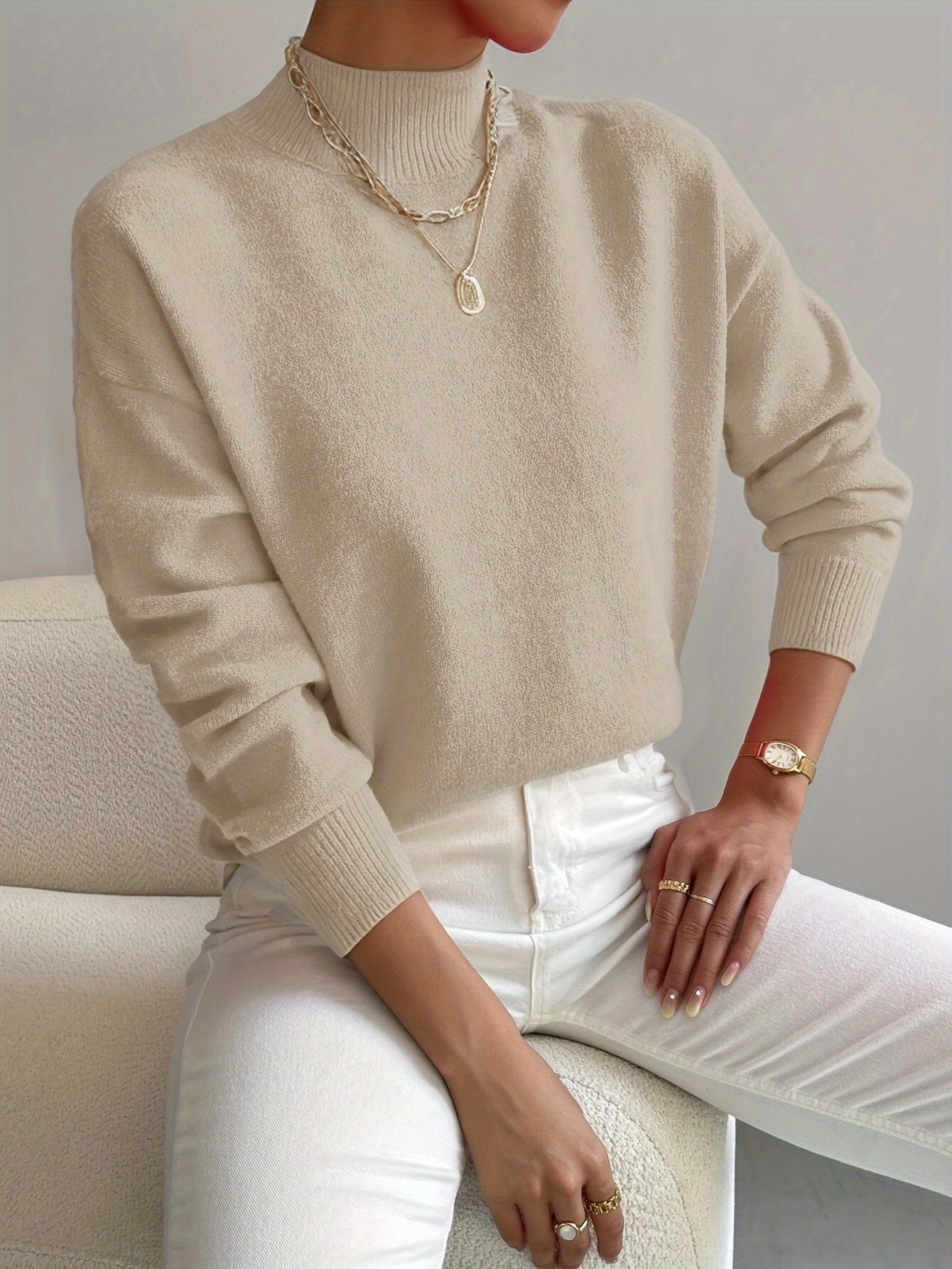 Knit Mock Neck Sweater - Beige