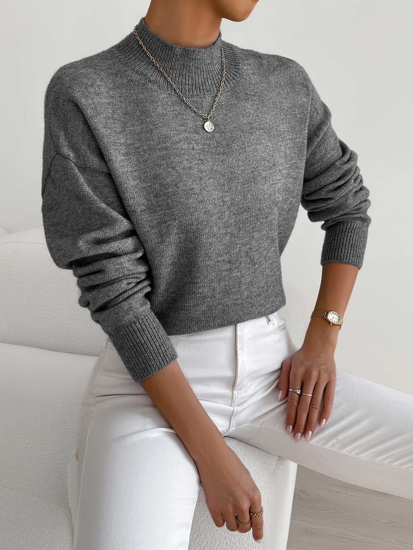 Knit Mock Neck Sweater - Grey