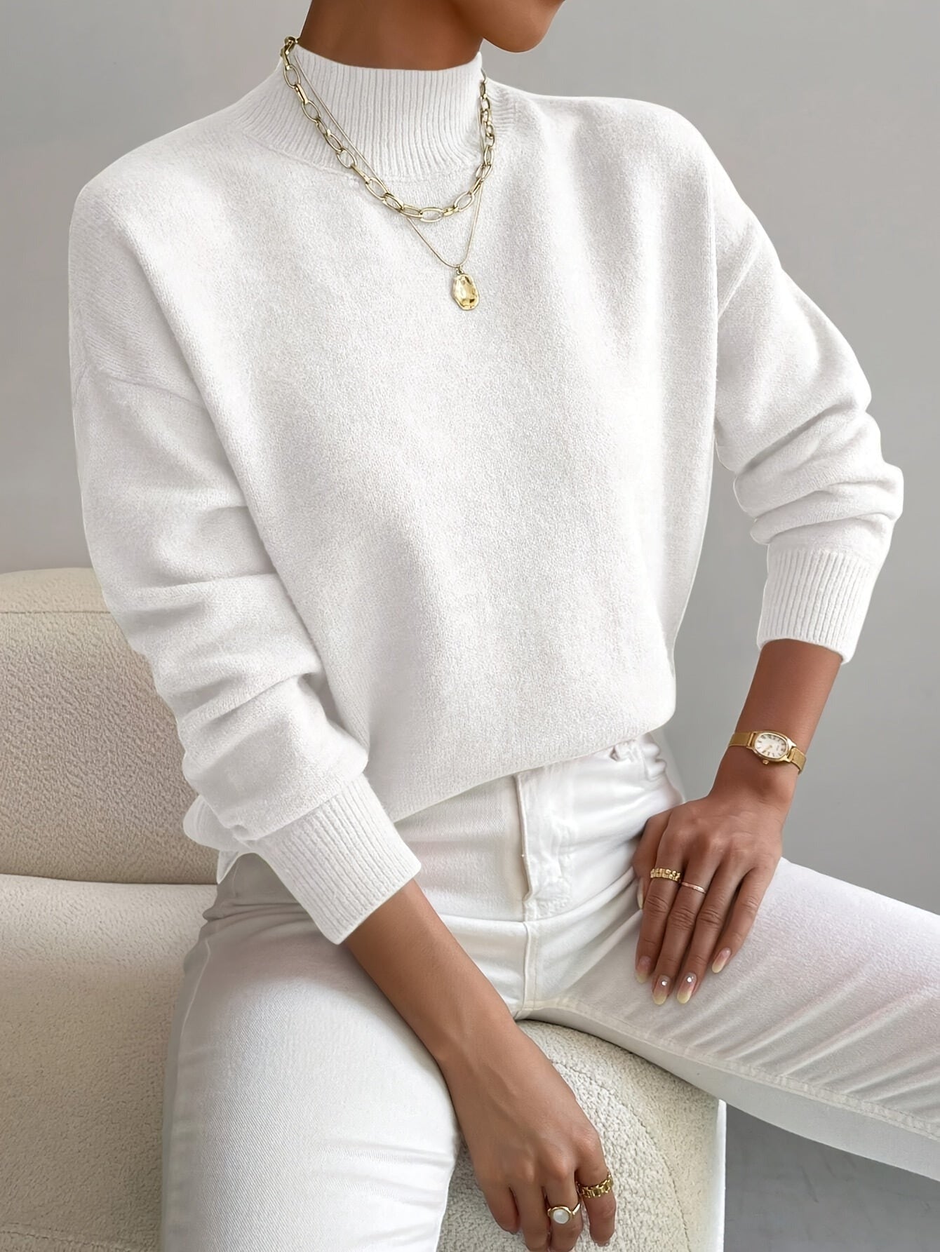 Knit Mock Neck Sweater - White