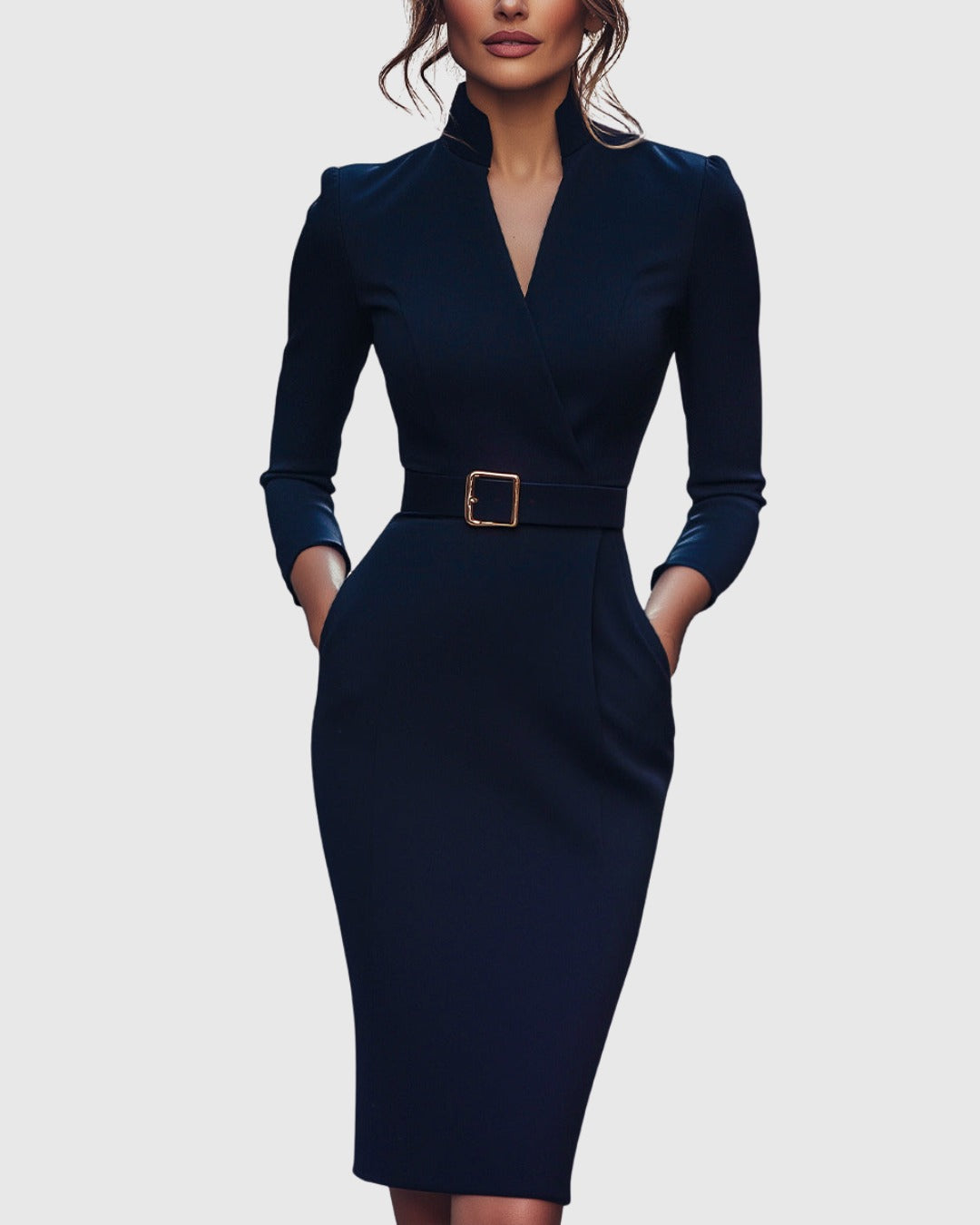 Long Sleeve Bodycon Midi Dress - Navy Blue