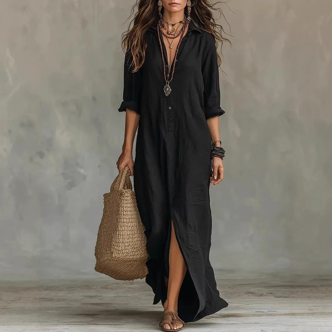 Long Sleeve Maxi Shirt Dress - Black