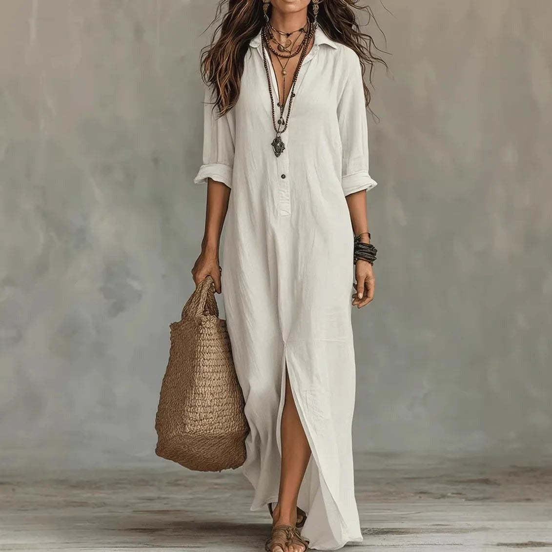 Long Sleeve Maxi Shirt Dress - White