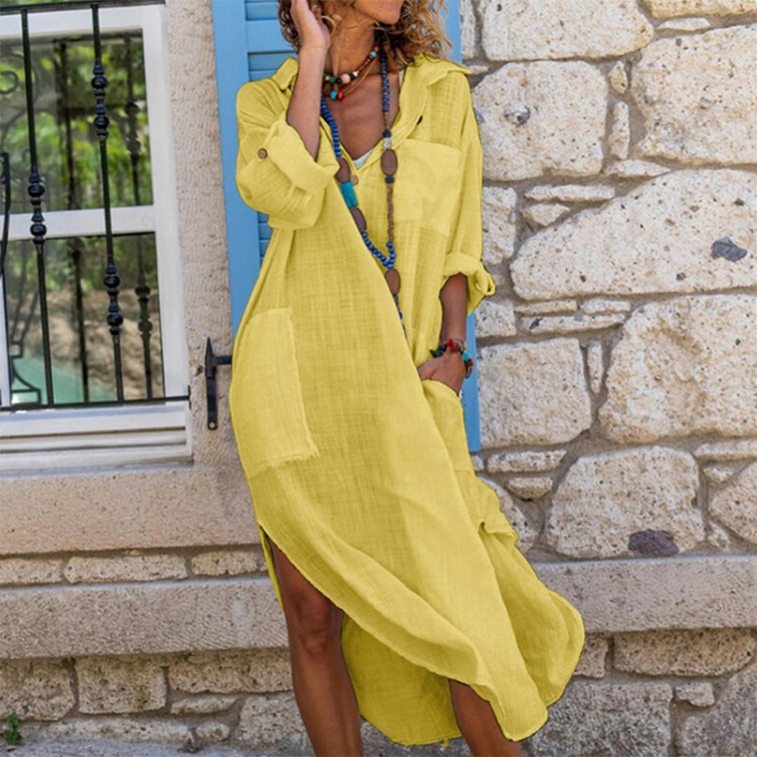 Long Sleeve Maxi Shirt Dress - Yellow