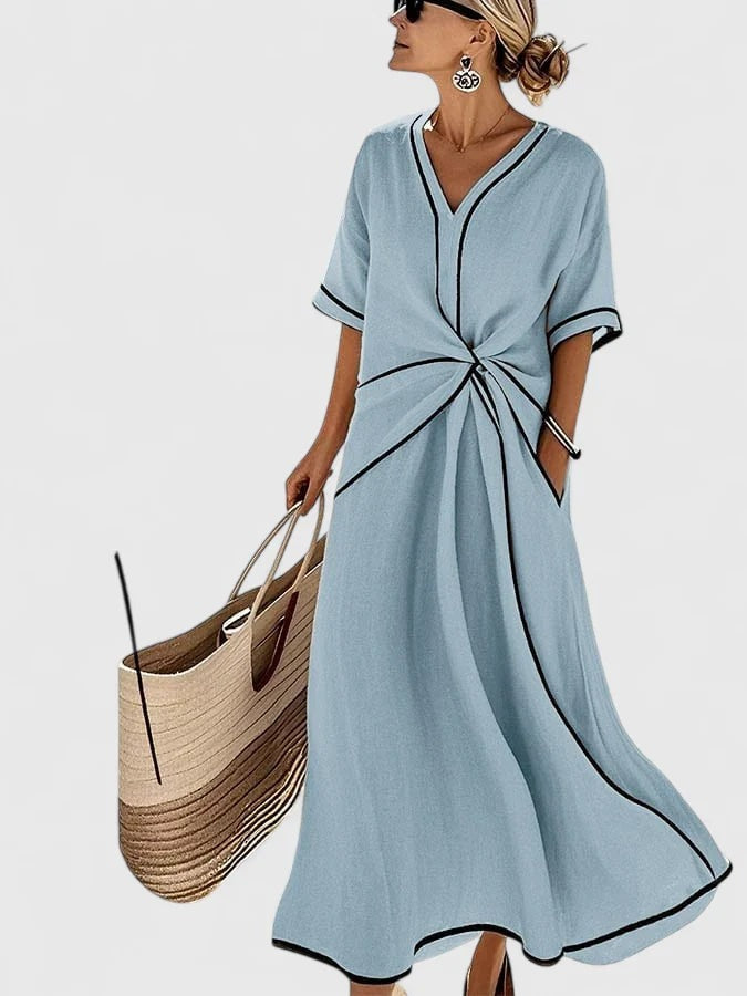 Long Sleeve Pleated Midi Dress - Blue