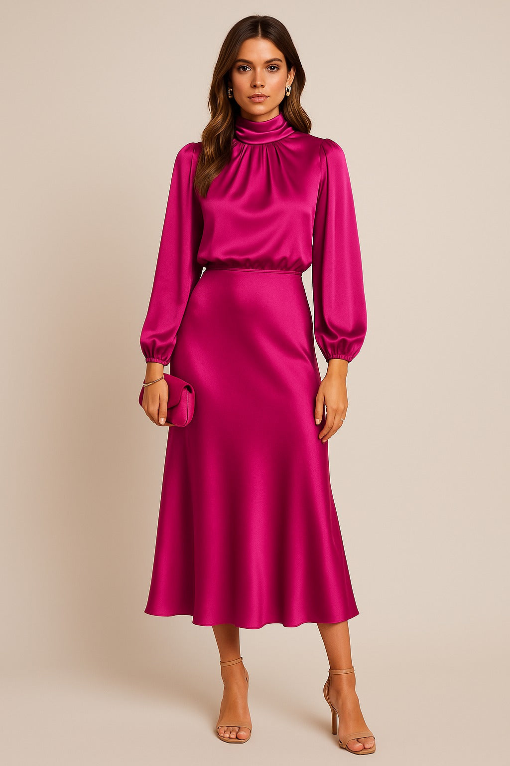 Long Sleeve Satin Midi Dress - Pink
