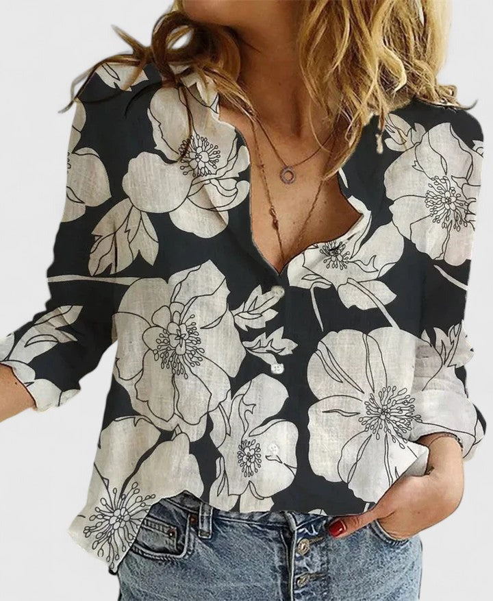 Long Sleeve V Neck Blouse - Black 2