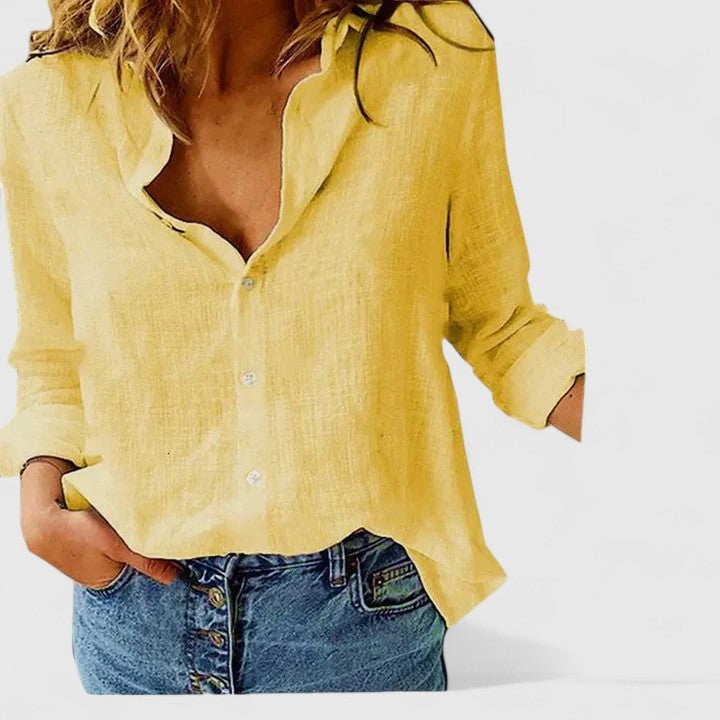 Long Sleeve V Neck Blouse - Yellow