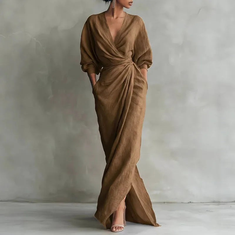 Long Sleeve Wrap Maxi Dress - Brown
