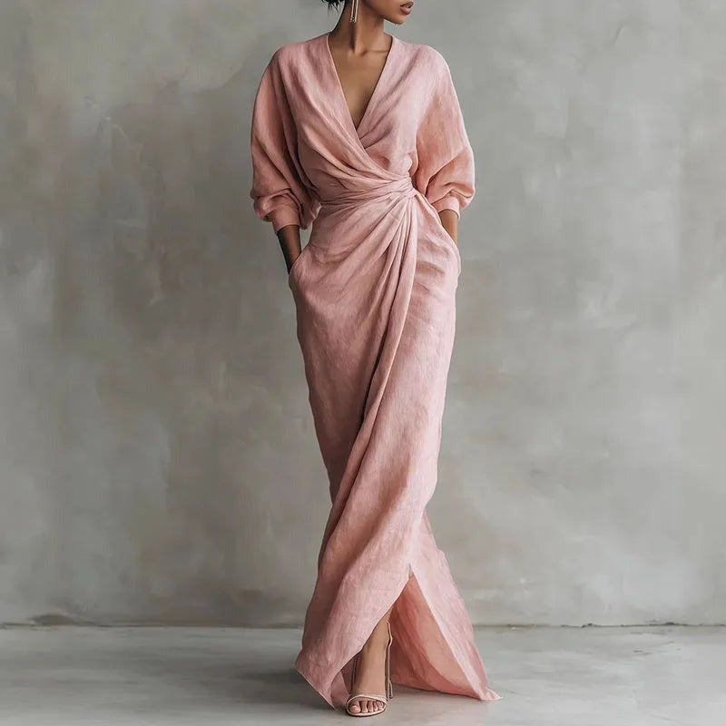Long Sleeve Wrap Maxi Dress - Pink