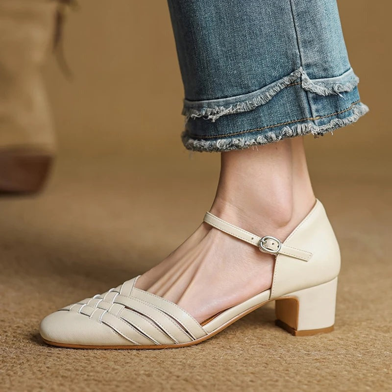 Low Block Heel Sandals - Beige