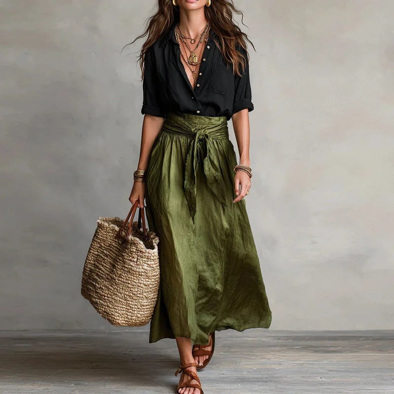 Midi Skirt Two Piece Set - Black Green
