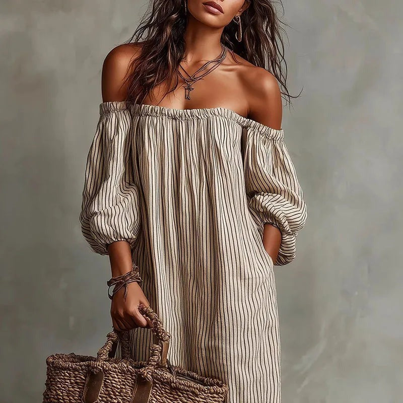 Off Shoulder Striped Maxi Dress