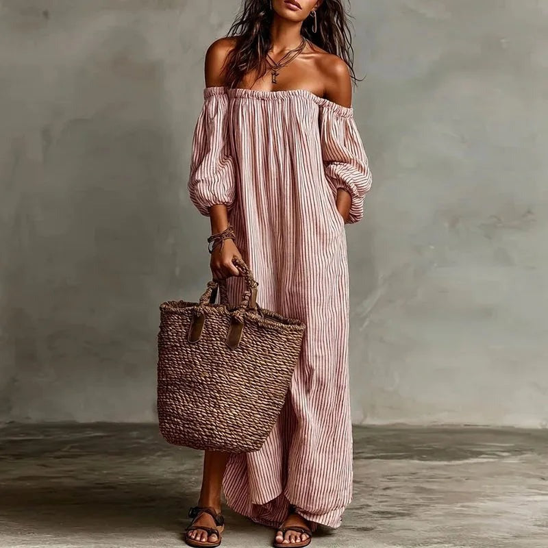 Off Shoulder Striped Maxi Dress - Pink