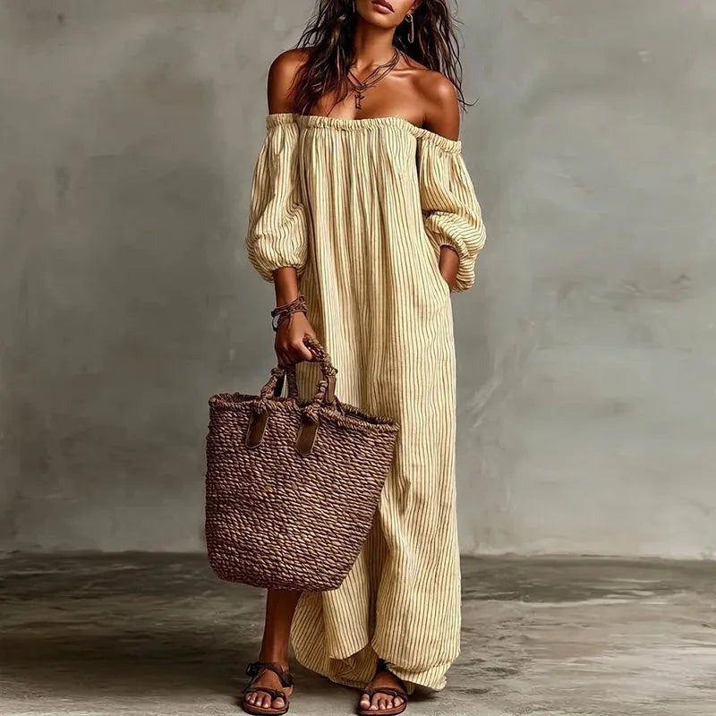 Off Shoulder Striped Maxi Dress - Yellow
