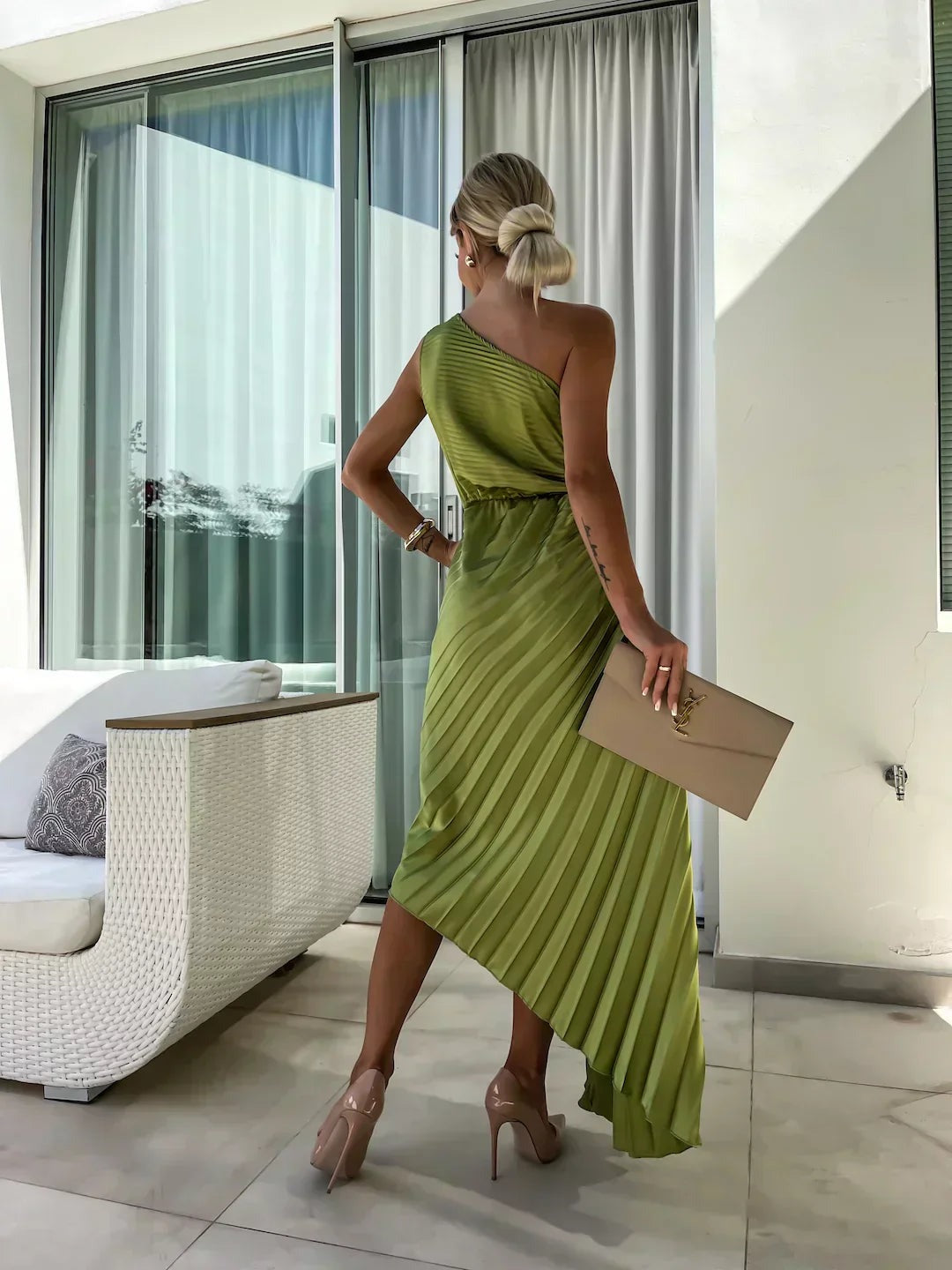 One Shoulder Pleated Midi Dress