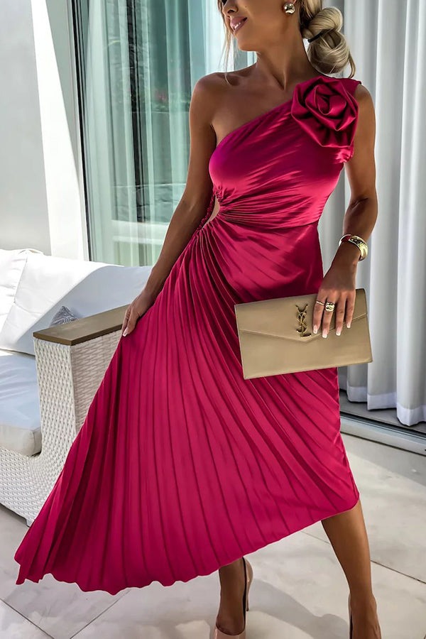 One Shoulder Pleated Midi Dress - Red