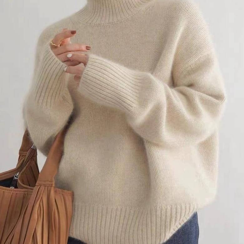 Oversized Knit Turtleneck Sweater - Beige