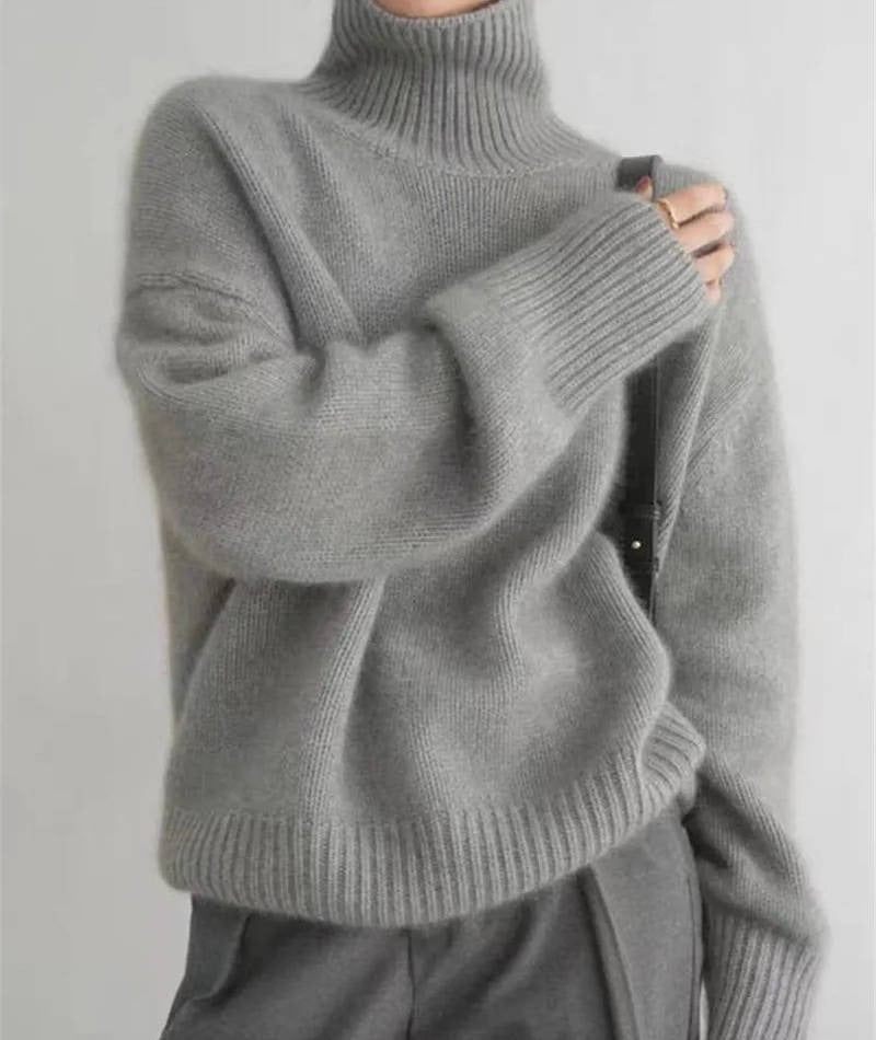 Oversized Knit Turtleneck Sweater - Gray
