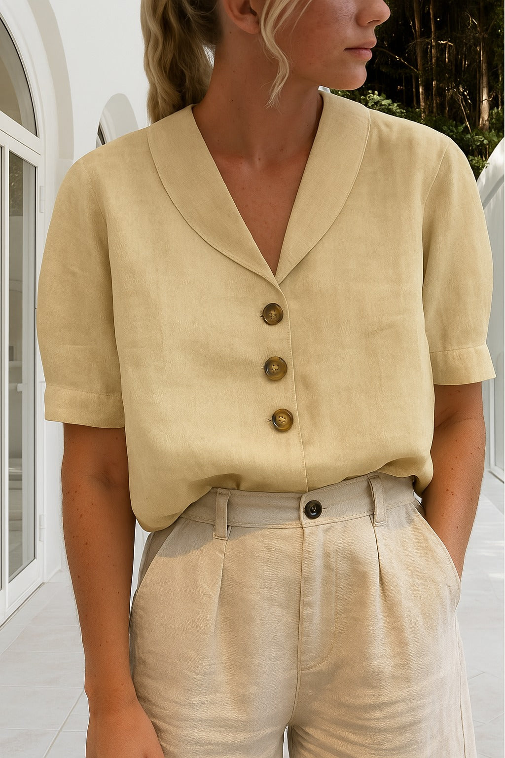 Oversized Short Sleeve Shirt - Beige