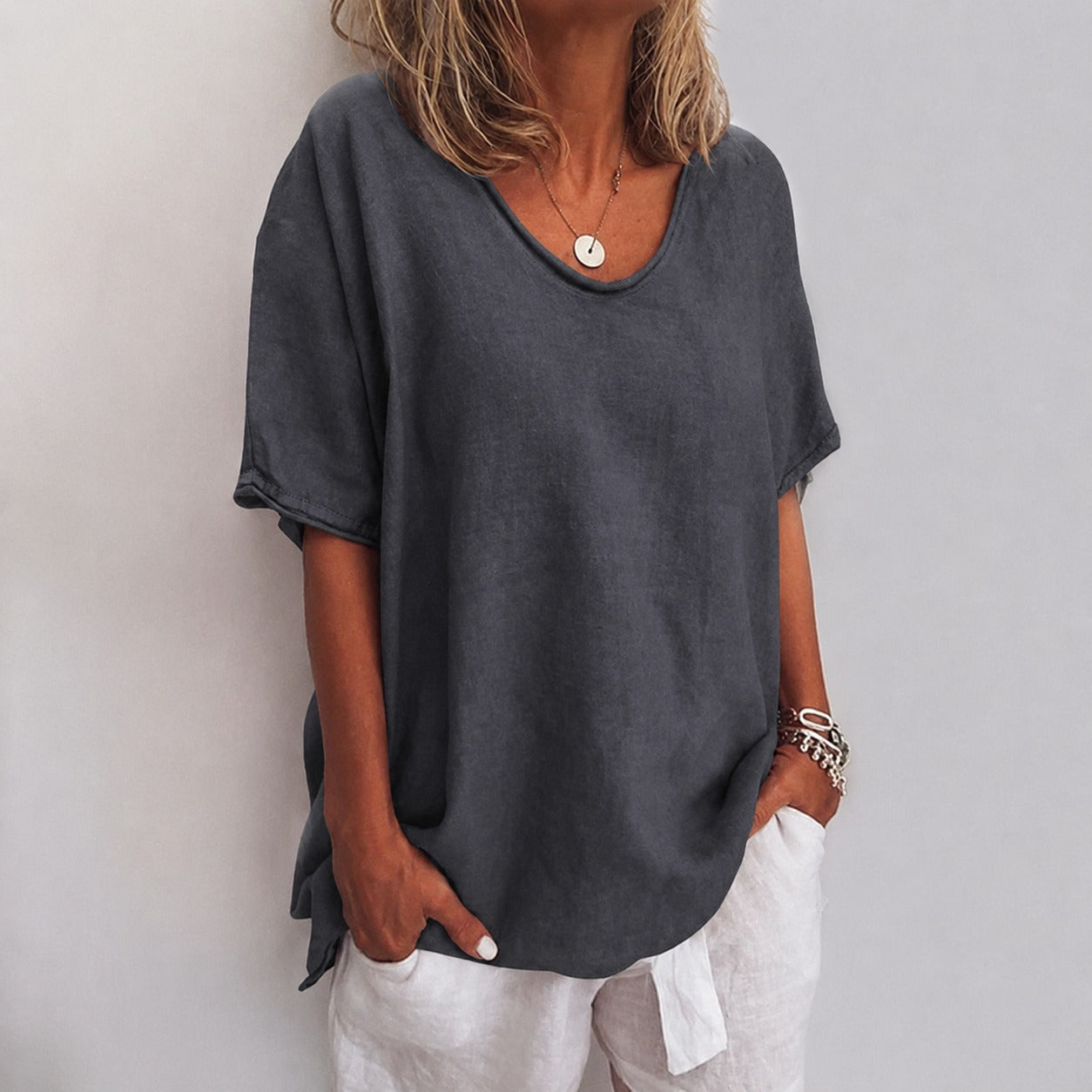 Oversized V Neck Blouse - Dark Gray