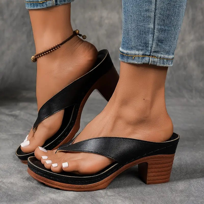 Platform Wedge Thong Sandals - Black
