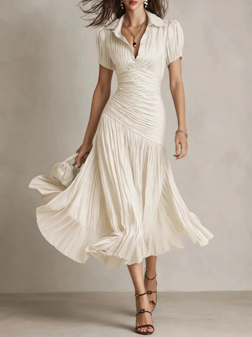 Pleated A Line Midi Dress - Beige