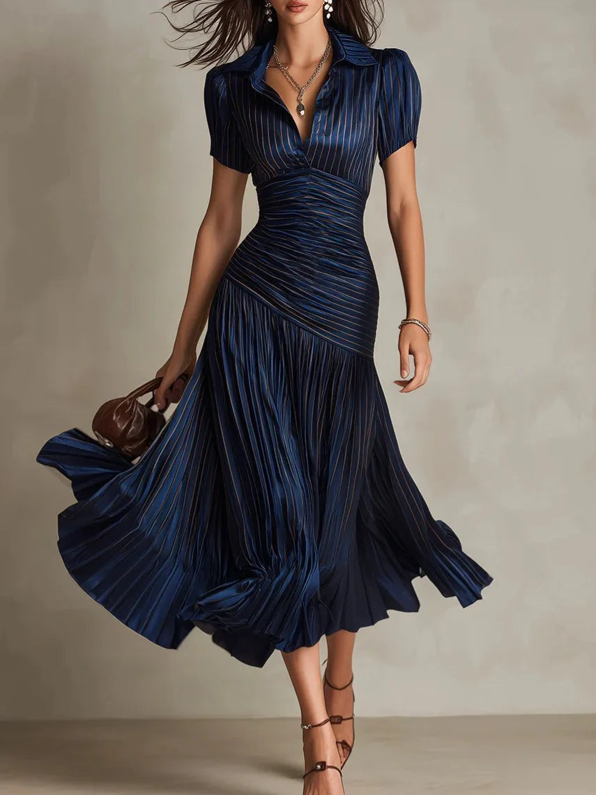 Pleated A Line Midi Dress - Navy Blue