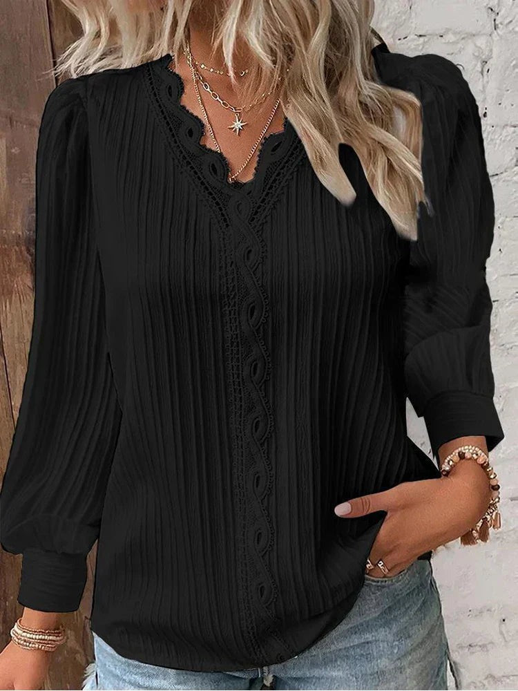Pleated Long Sleeve Blouse - Black