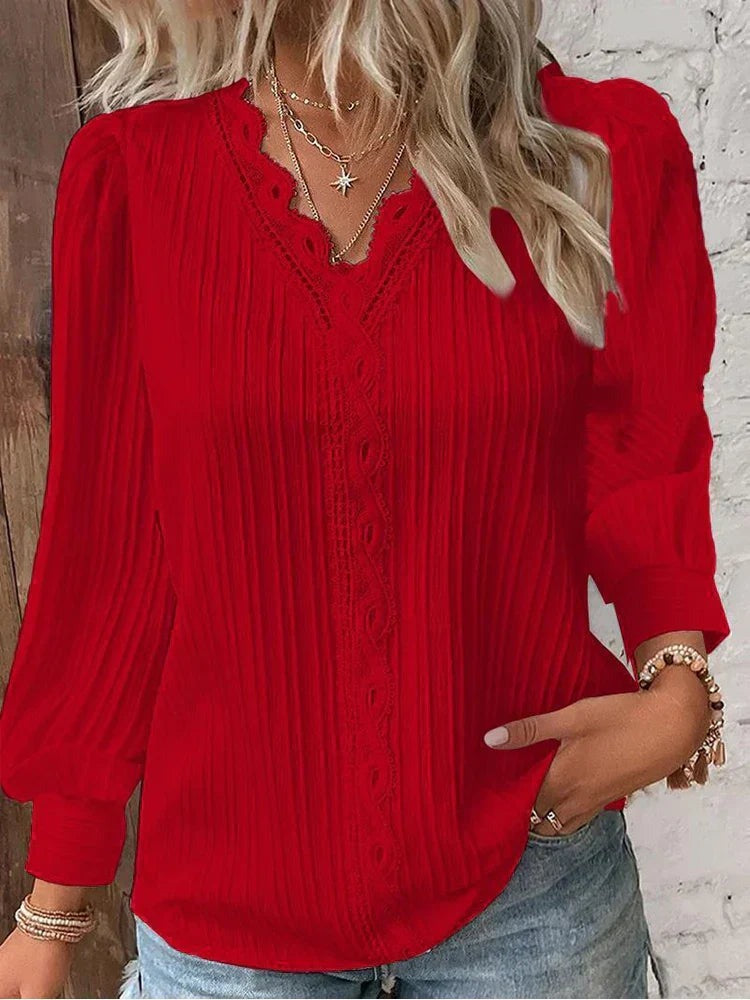 Pleated Long Sleeve Blouse - Red