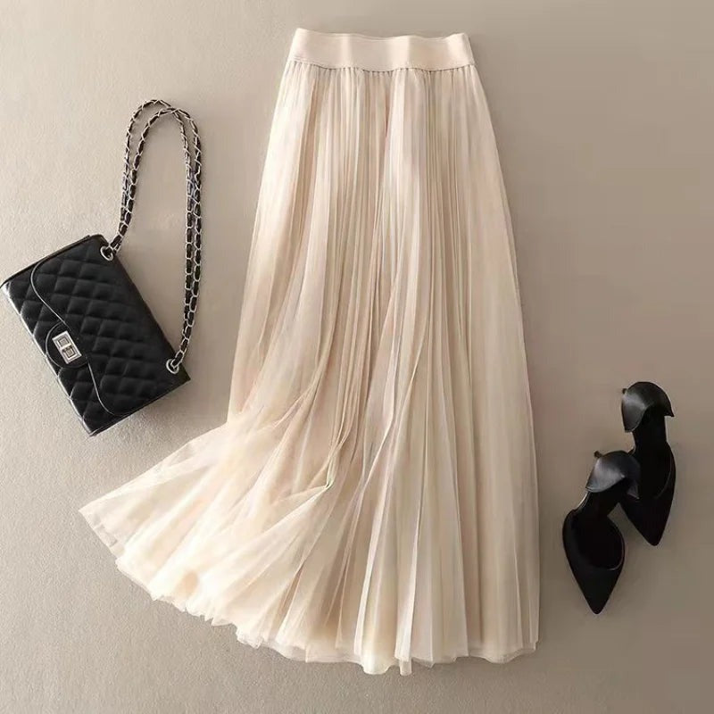 Pleated Tulle Maxi Skirt - Beige