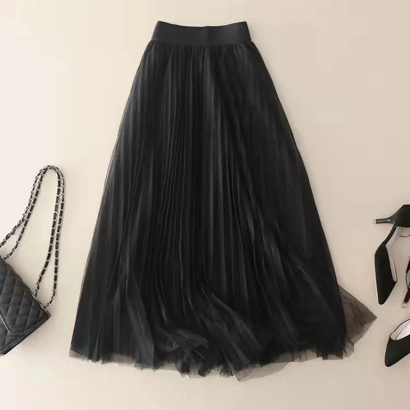 Pleated Tulle Maxi Skirt - Black