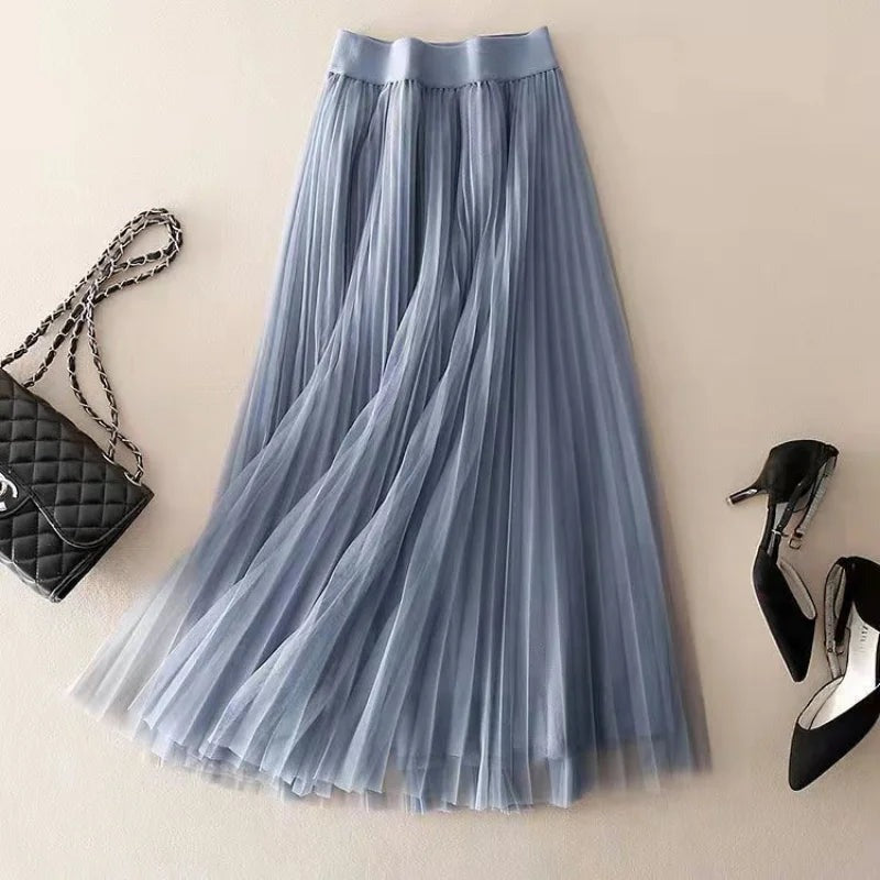 Pleated Tulle Maxi Skirt - Blue