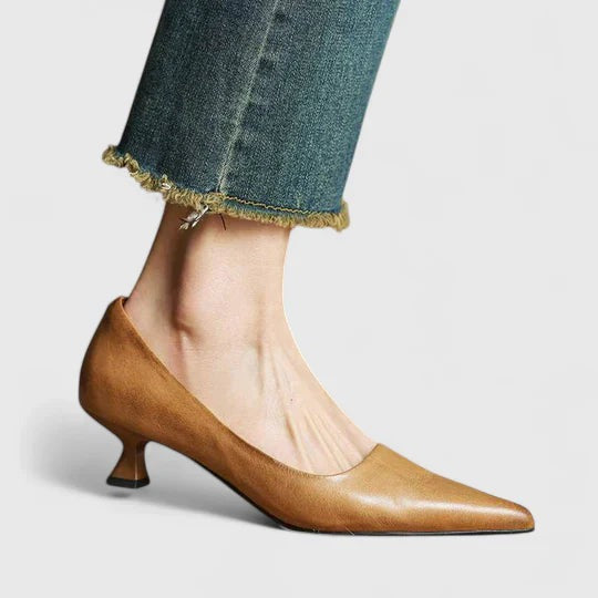 Pointed Toe Kitten Heels - Beige