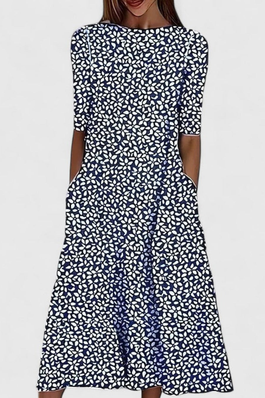 Printed A Line Midi Dress - Dark Blue