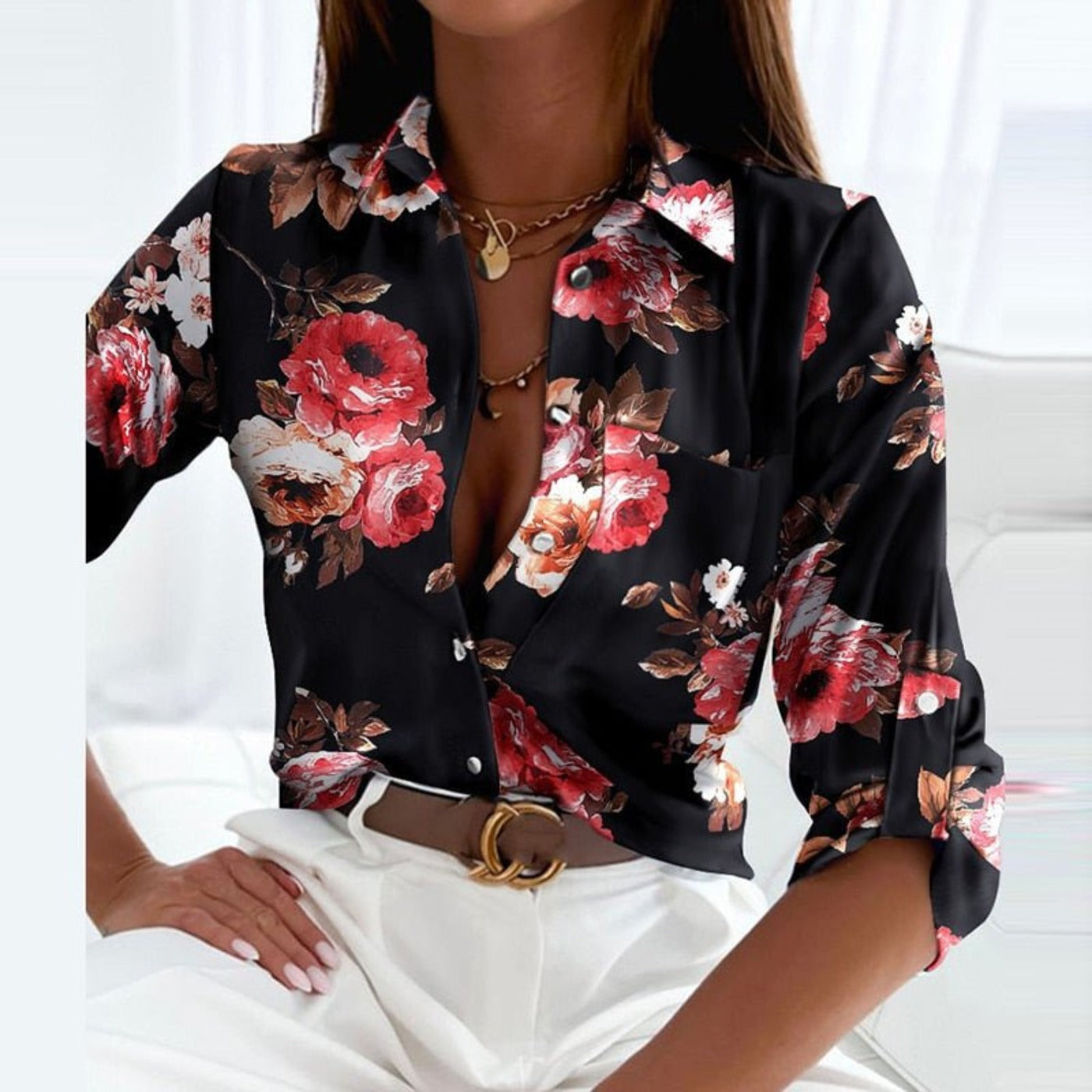 Printed Long Sleeve Blouse - Black