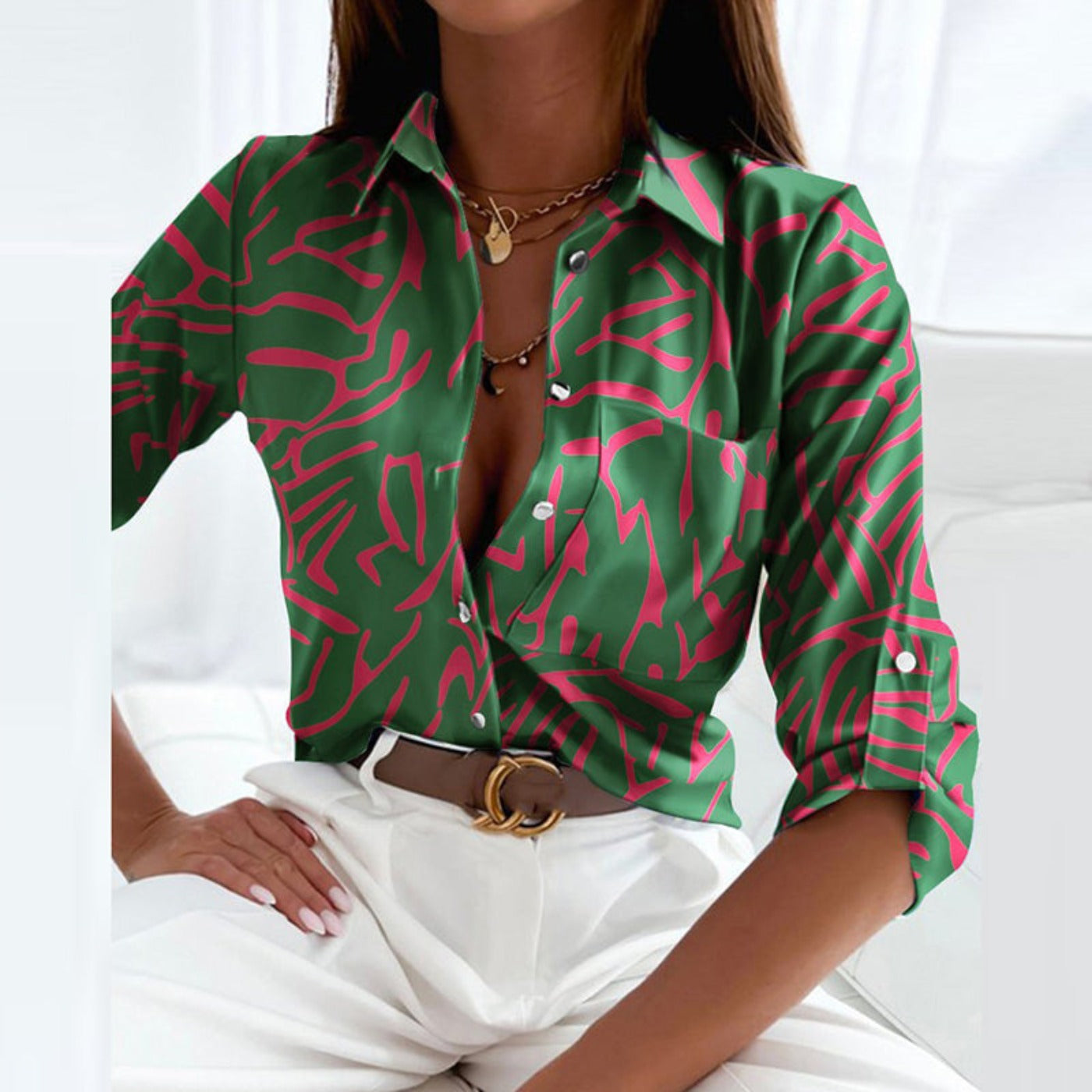 Printed Long Sleeve Blouse - Dark Green