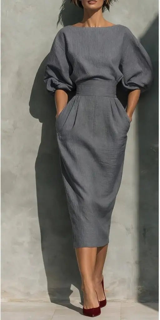 Puff Sleeve Midi Dress - Gray