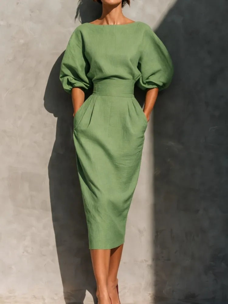 Puff Sleeve Midi Dress - Green