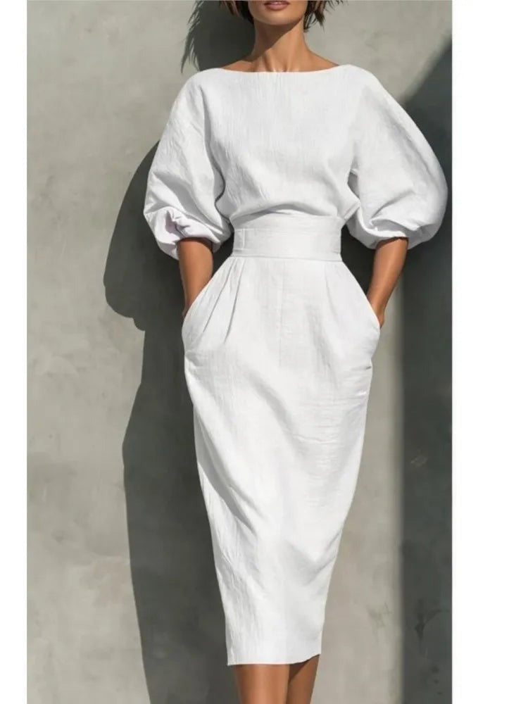 Puff Sleeve Midi Dress - White