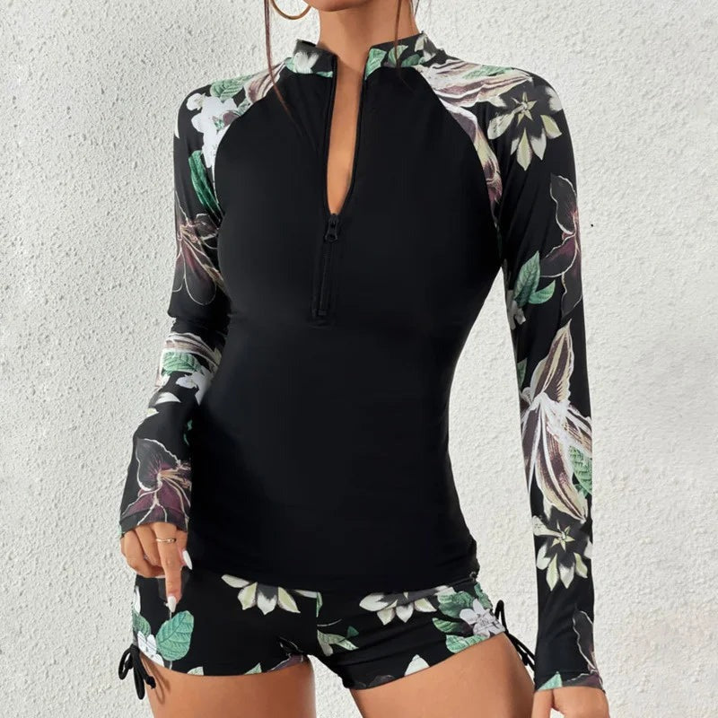 Rash Guard Swimsuit Set - Olive Floral