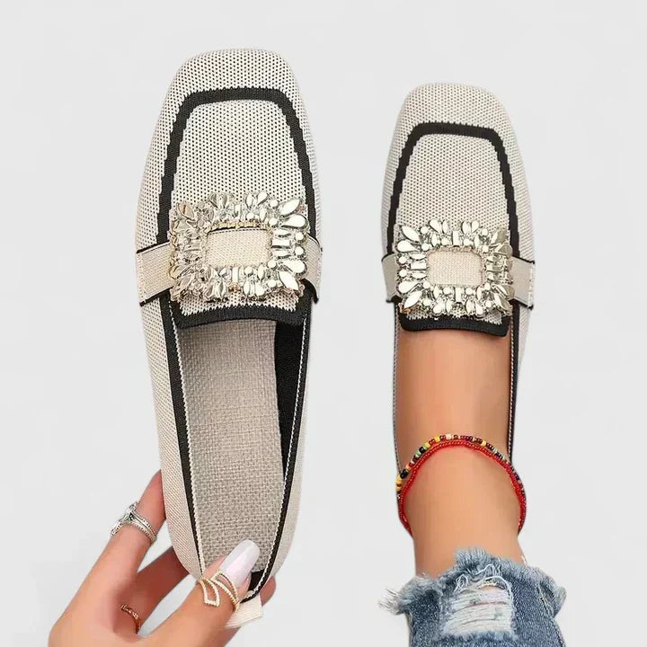 Rhinestone Embellished Loafers - Beige