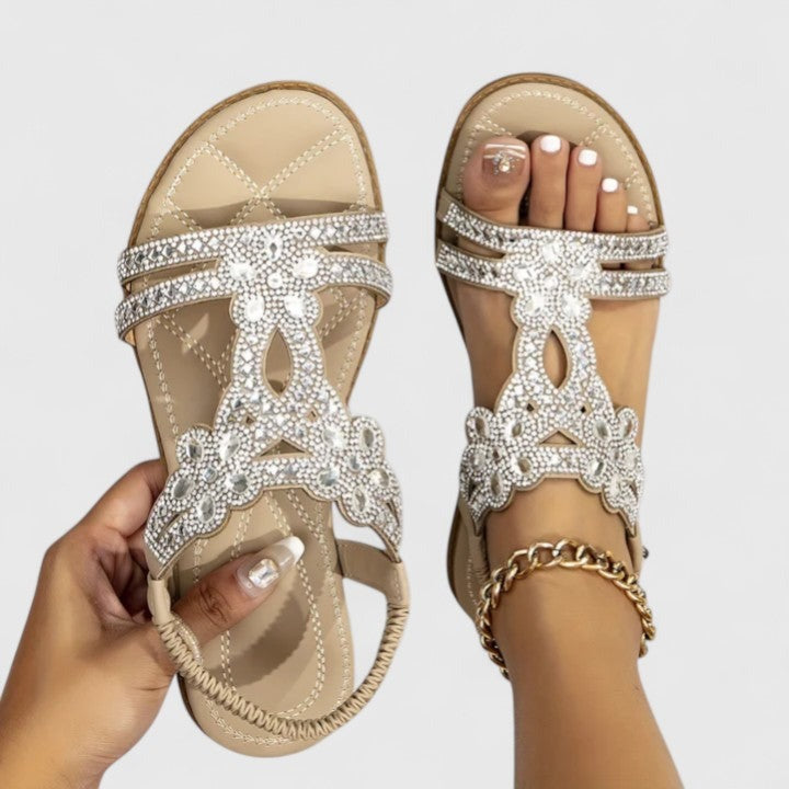 Rhinestone Flat Sandals - Khaki