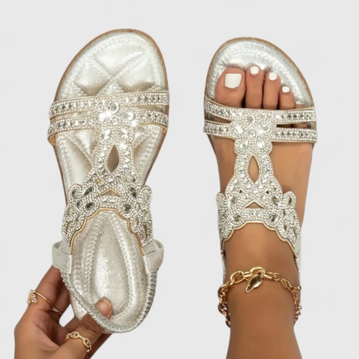 Rhinestone Flat Sandals - Silver