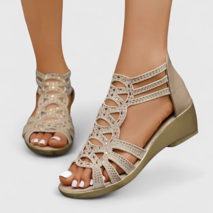 Rhinestone Gladiator Wedge Sandals - Khaki