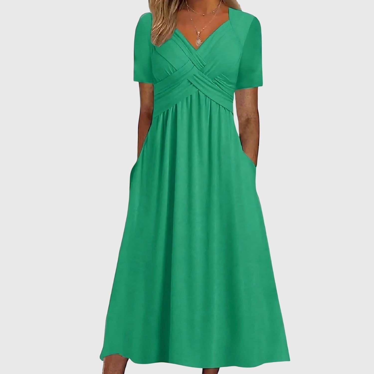 Ruched Empire Waist Midi Dress - Green