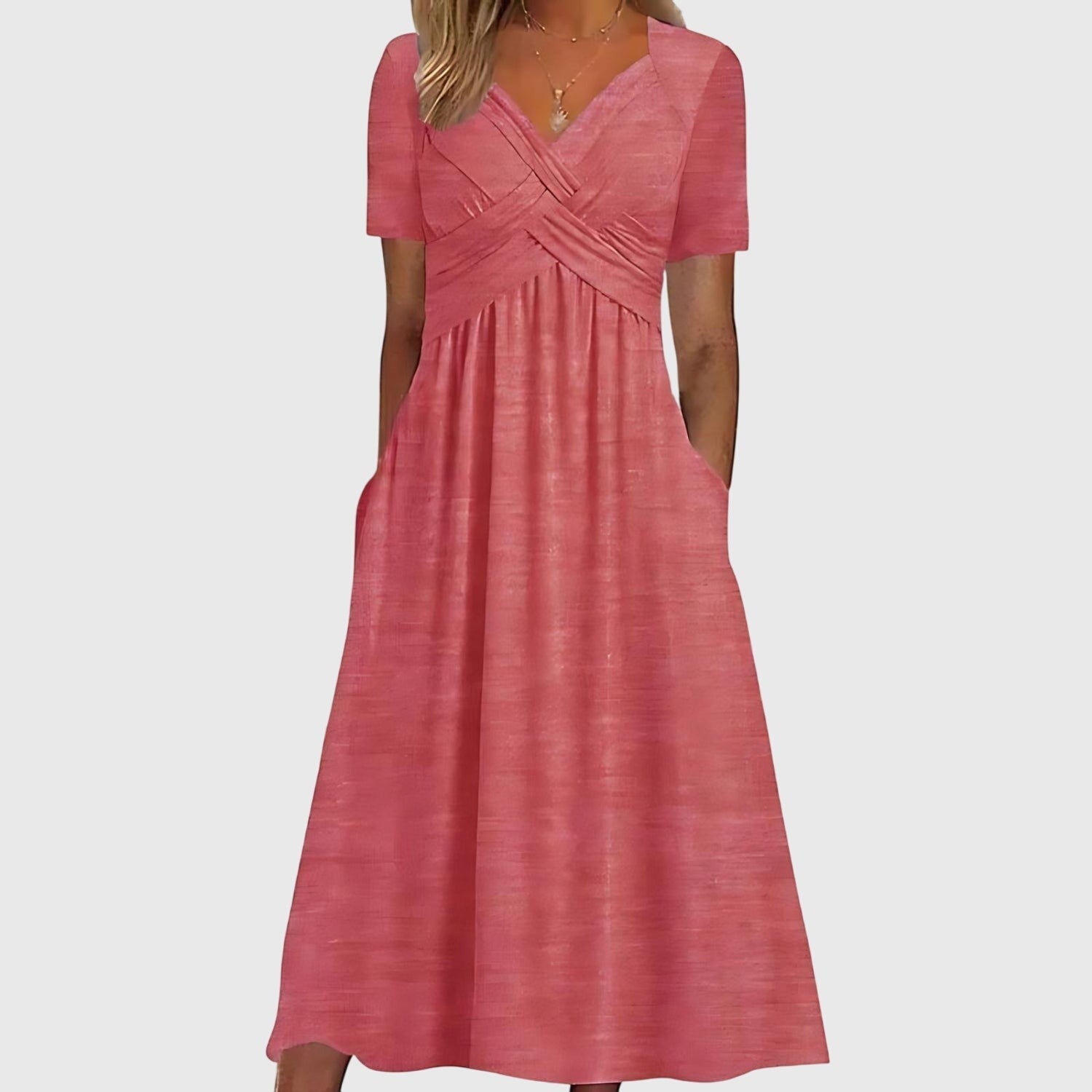 Ruched Empire Waist Midi Dress - Pink