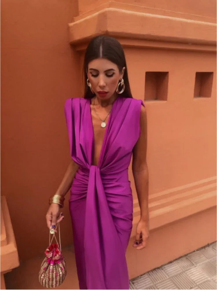 Ruched Evening Midi Dress - Fuchsia